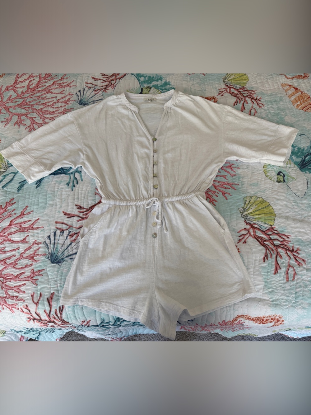 Z Supply White Button-Front Romper with Drawstring Waist